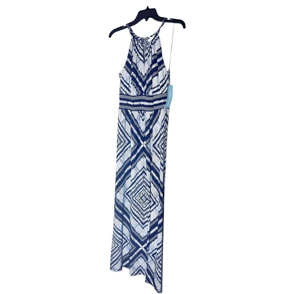 London Times Womens Blue Halter Diamond Print Jersey Knit Maxi Dress Sz 12 New - Picture 6 of 7